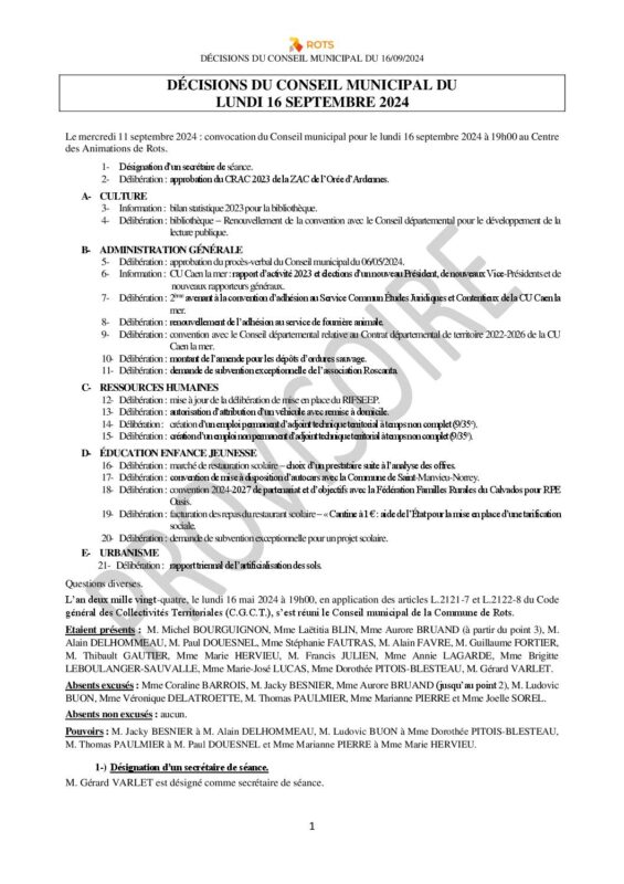 2024_09_16 – Décisions du Conseil municipal