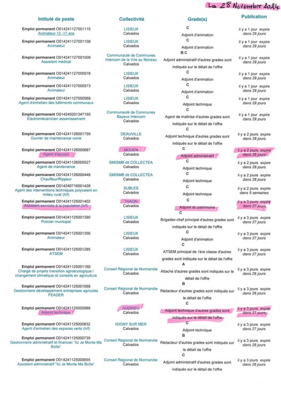 A.I.A.E : Offres d’emplois territoriaux du 28/11