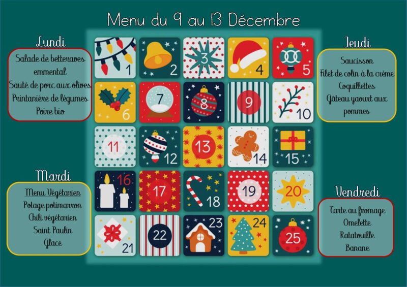 Menu du 09 au 13/12