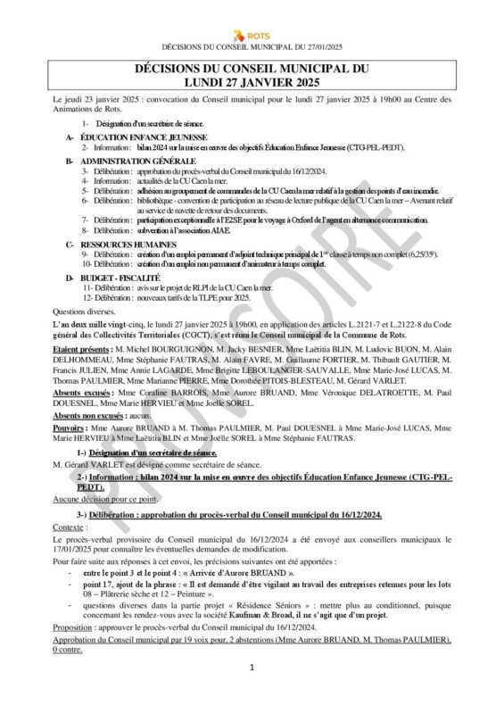 27_01_2025 – Décisions du Conseil municipal